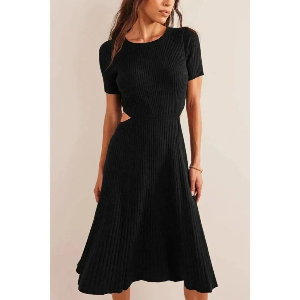 Boden Women Midi Dress UK 16R US 12R Black Pullover Cut Out Knitted D0545 NWT